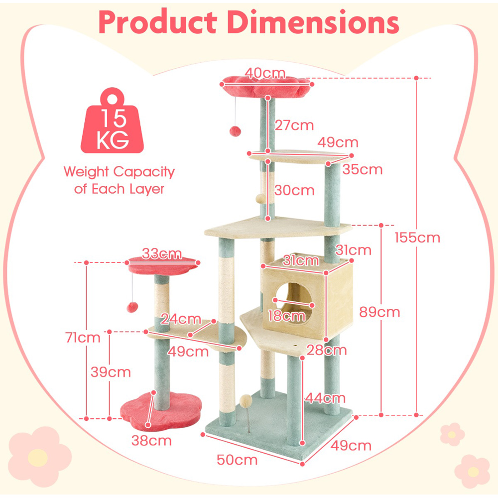 Costway Colourful Multi Level Floral Kitten Tower with Padded Perch 155cm Image 9