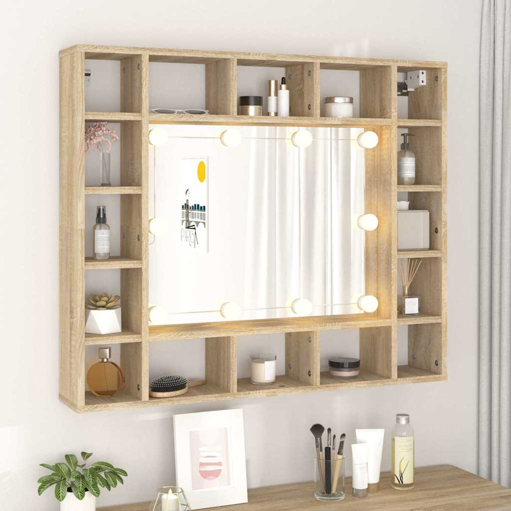 vidaXL 16 Shelf LED Sonoma Oak Mirror Cabinet Image 7