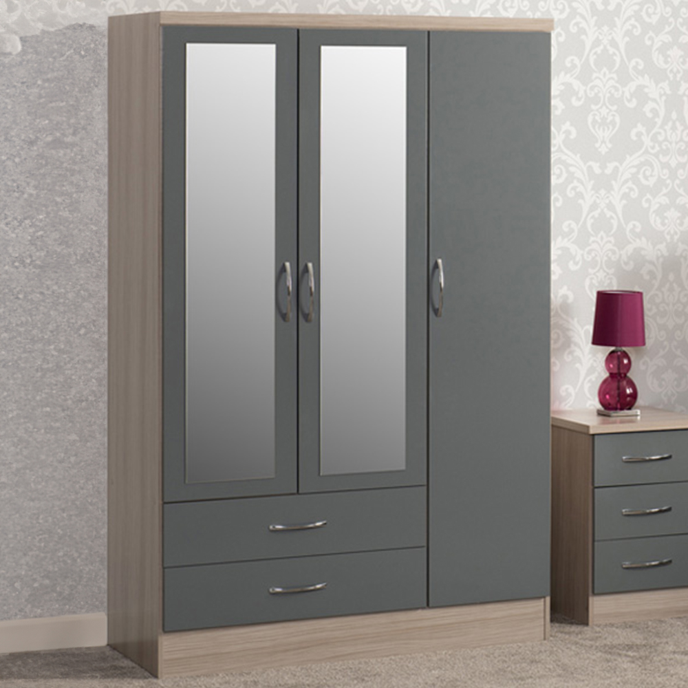 Seconique Nevada 3 Door 2 Drawer Grey and Light Oak Effect Wardrobe Bedroom Set Image 1
