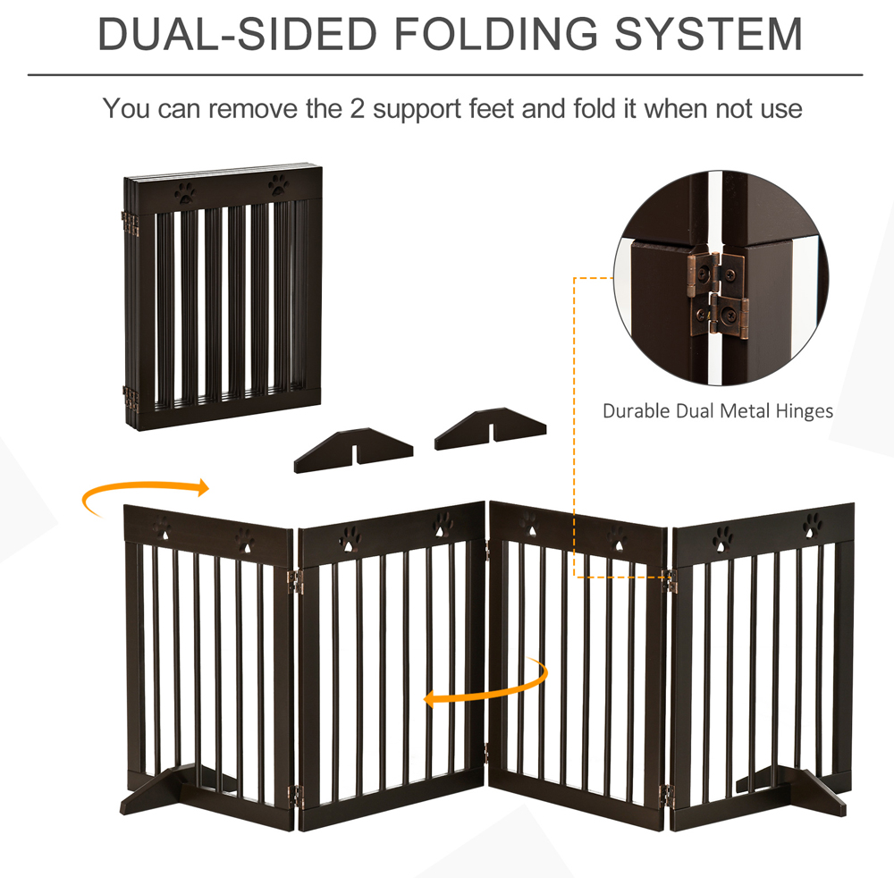 PawHut Brown 4 Panel Wooden Folding Pet Safety Gate with Support Feet Image 4