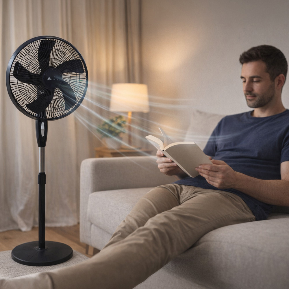 Alivio Black 5 Blade Quiet Adjustable Oscillating Pedestal Floor Fan 45W Image 3