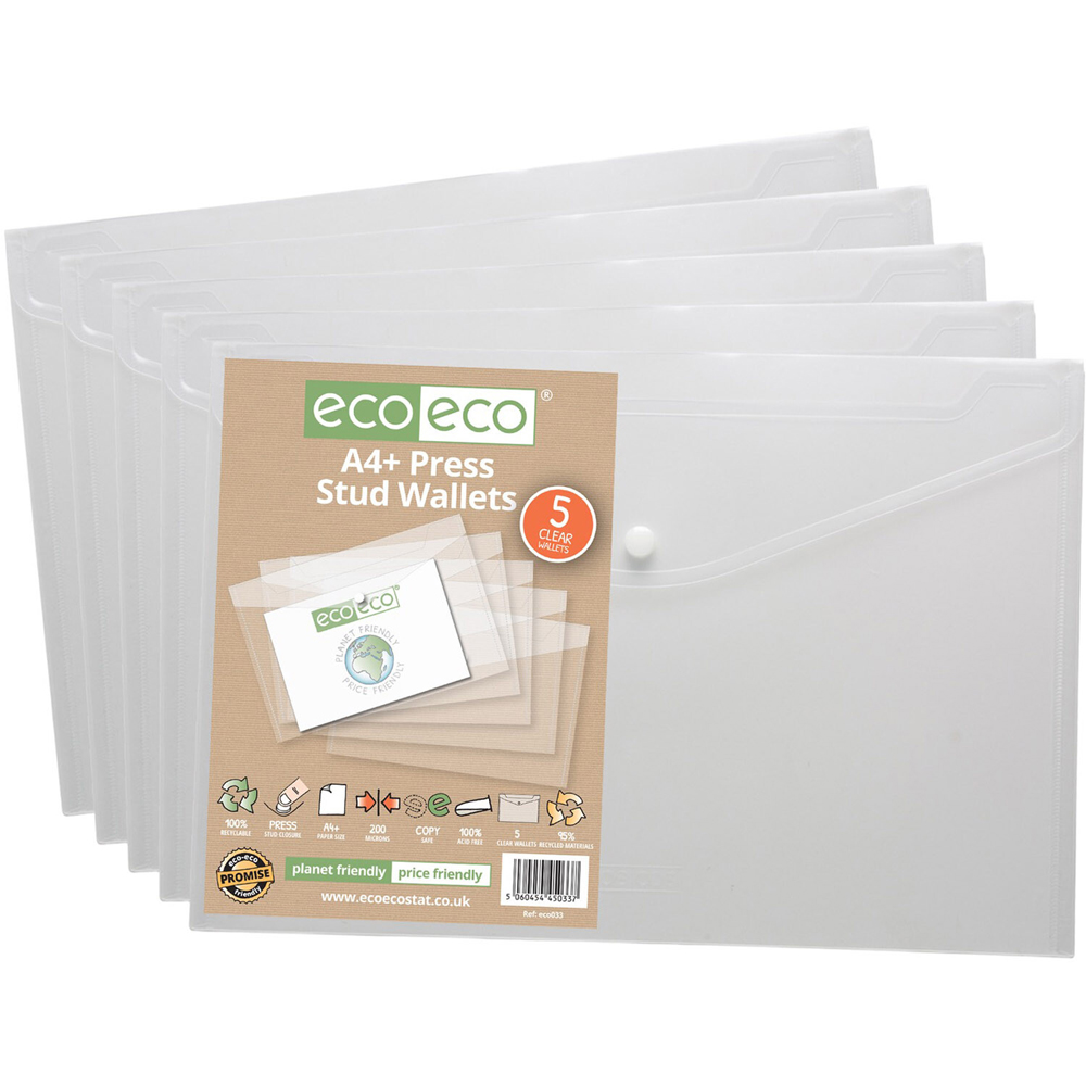 Pack of 5 A4 Plus Press Stud Wallets Clear Image 1