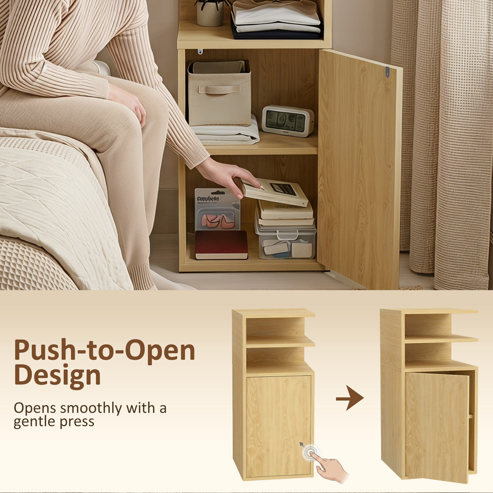 HOMCOM Single Door Oak Slim Bedside Table with Open Cubbies Set of 2 Image 7