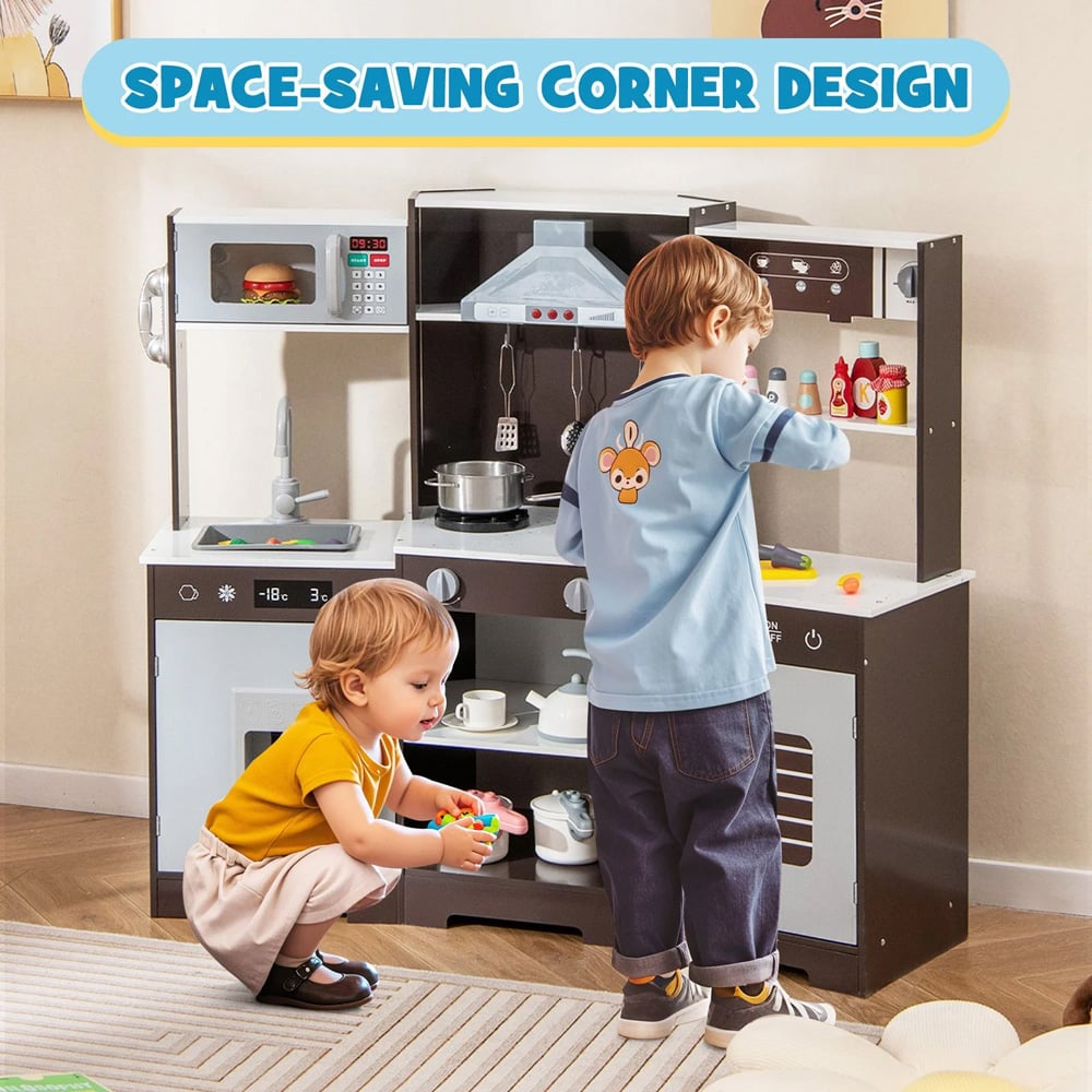 Costway Kids Brown Wooden Kitchen Play Set with Real Sounds and Lights Image 4