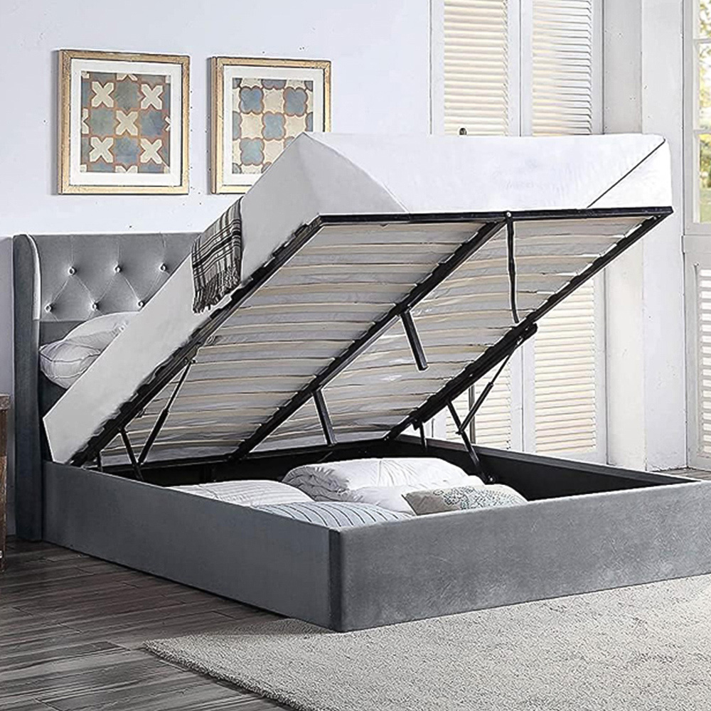 Home Treats Double Grey Velvet Winged Headboard Ottoman Bed Frame with Mattress Image 5