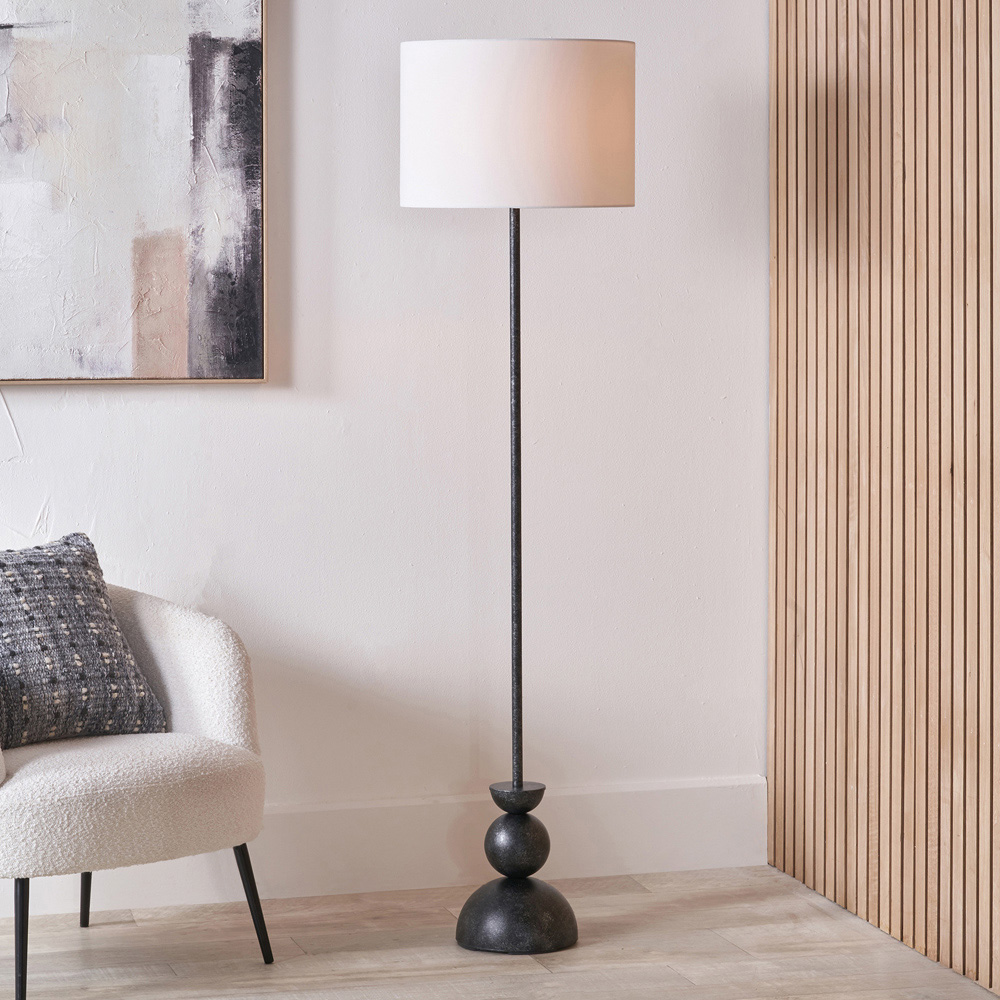 Pacific Lifestyle Vala White Textured Fabric Shade Graphite Metal Ball Floor Lamp Image 2