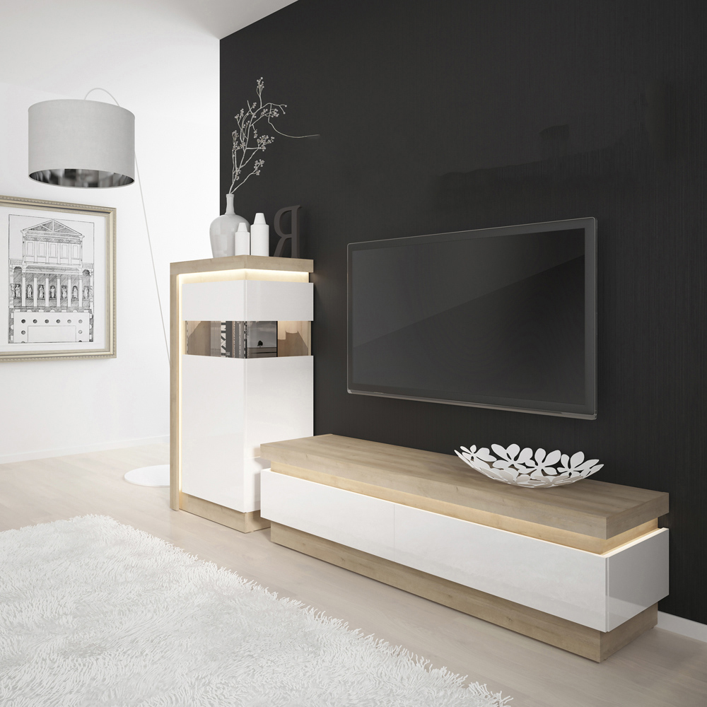 Furniture To Go Lyon Riviera Oak and White High Gloss RHD Narrow Display Cabinet Image 6