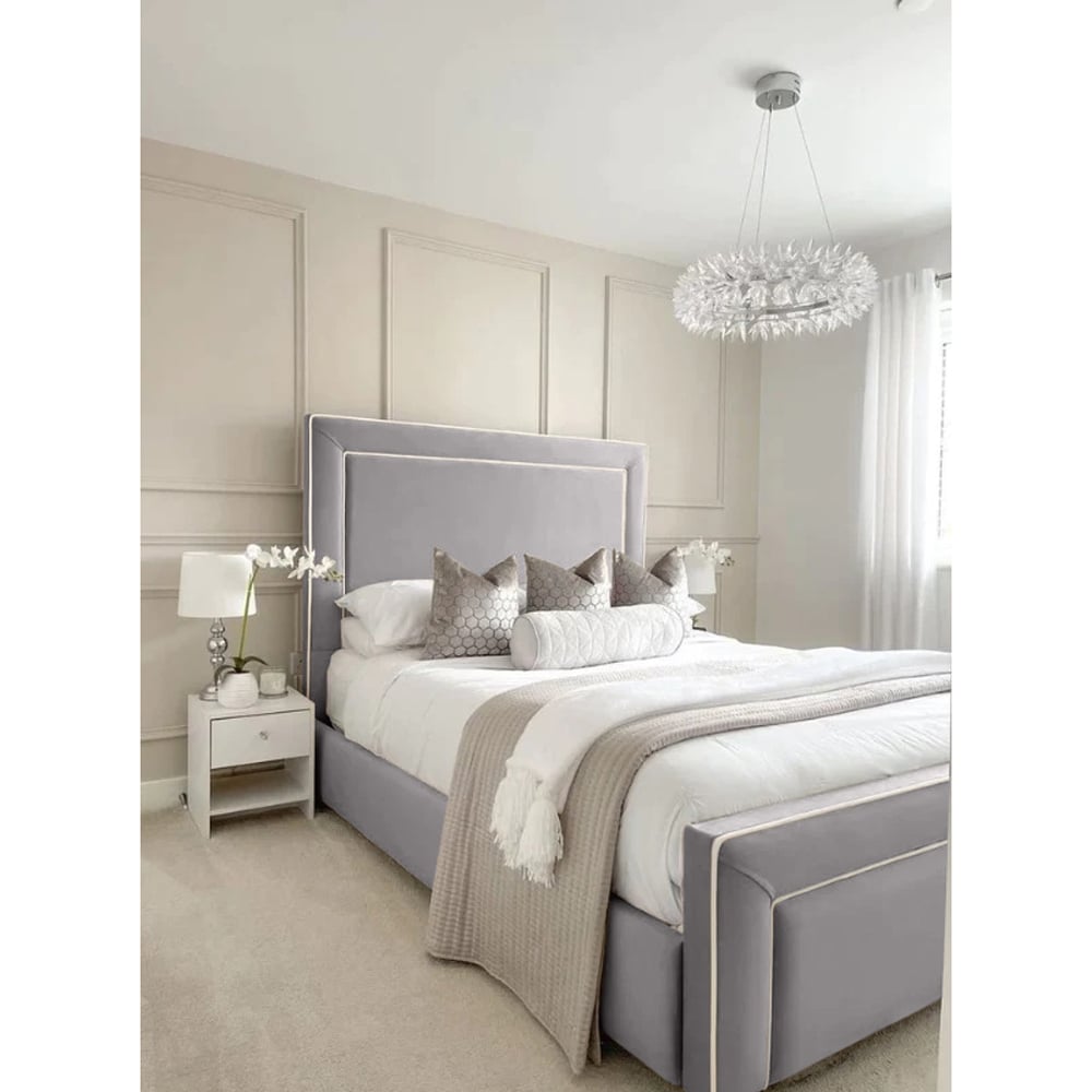 Eleganza Home Arring King Size Silver Plush Velvet Bed Frame with Headboard and Footboard Image 2