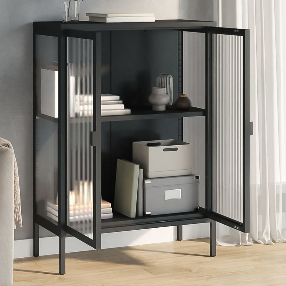 vidaXL 2 Glass Door 2 Shelf Black Wooden Sideboard Image 1