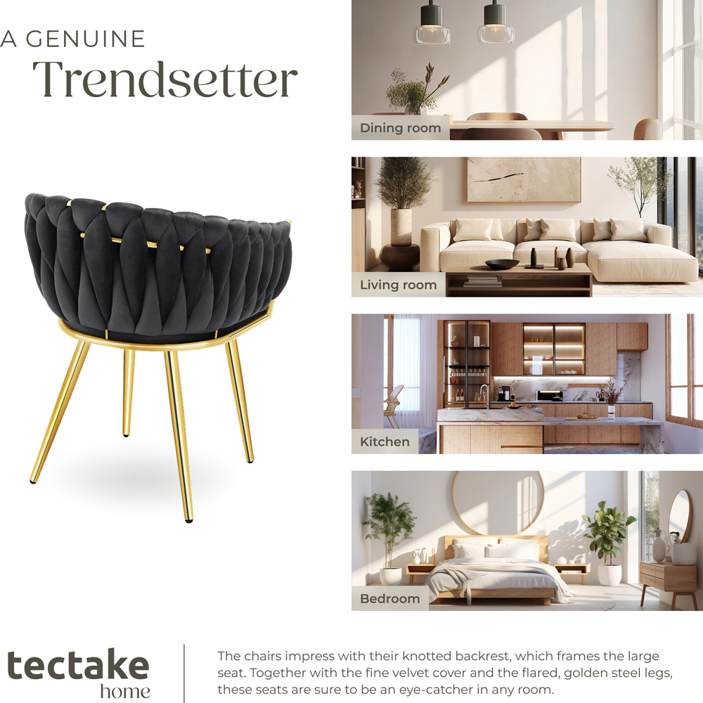 tectake Astano Set of 2 Black and Gold Velvet Padded Knot Design Dining Chair Image 8