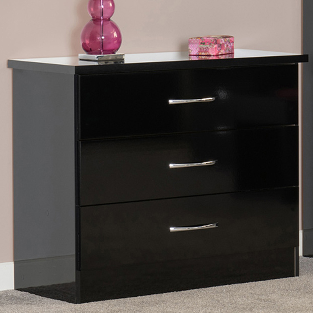 Seconique Nevada 3 Drawer Black Gloss Chest of Drawers Image 1