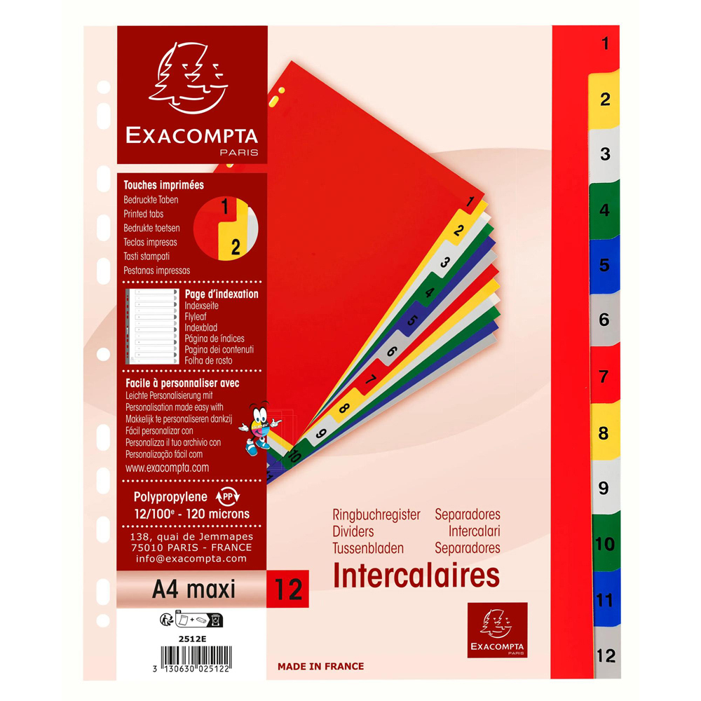 Exacompta A4 Maxi Bright Assorted Colour Polypropylene 1-12 Divider 20 Pack Image 5