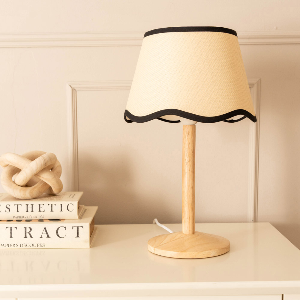 ValueLights Triston Scallop Black Edge Shade Natural Light Wood Stem LED Table Lamp Image 3