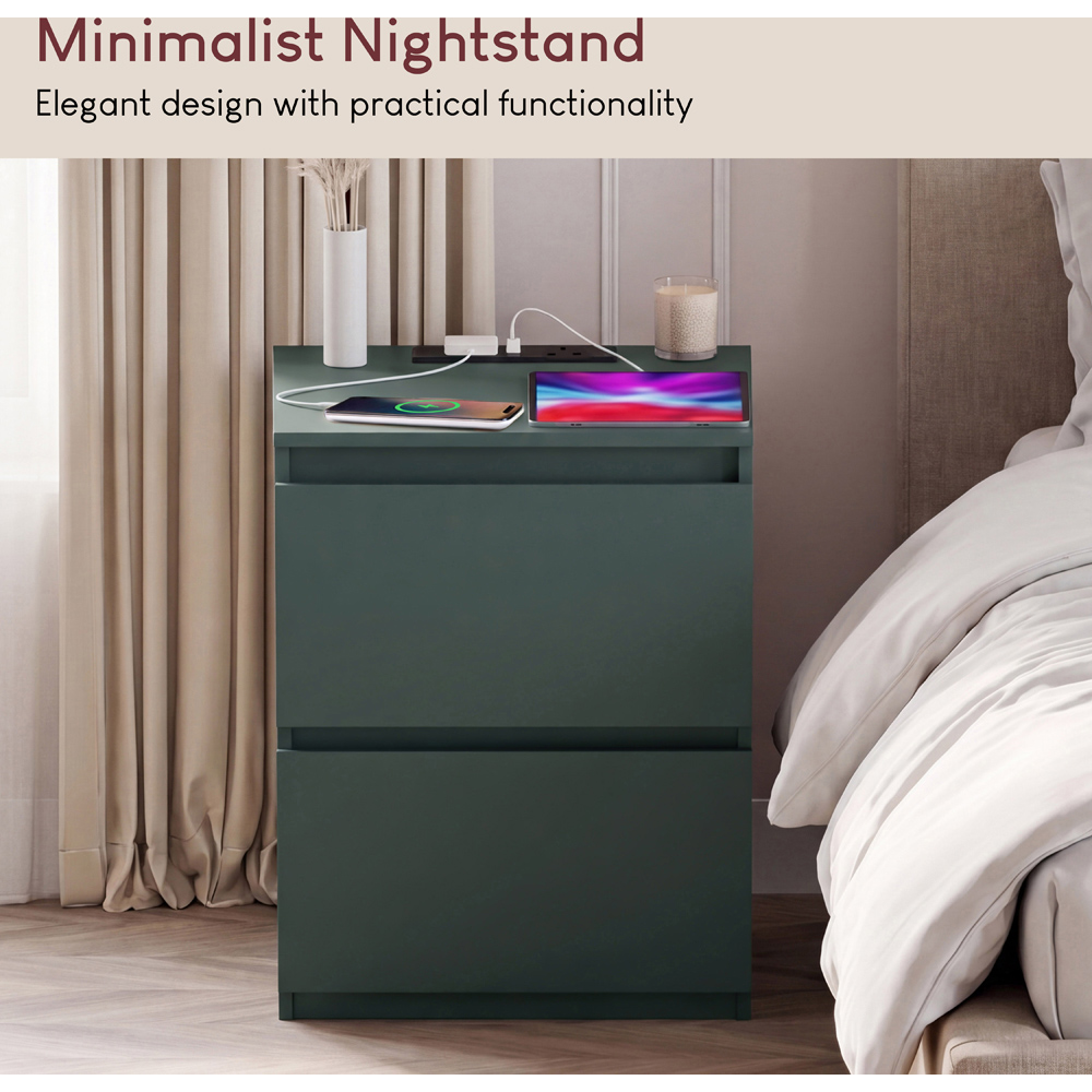 VIDA DESIGNS Denver 2 Drawer Green Large Bedside Chest with Power Outlet Image 4