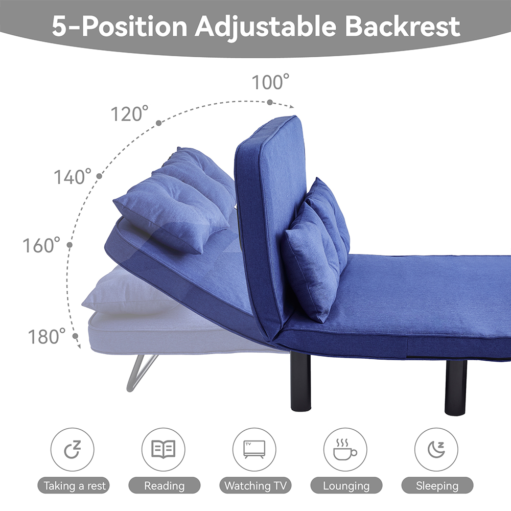 2 Seater Blue 4-in-1 Foldable Sofa Bed with Adjustable Backrest and Large Cushion Image 6