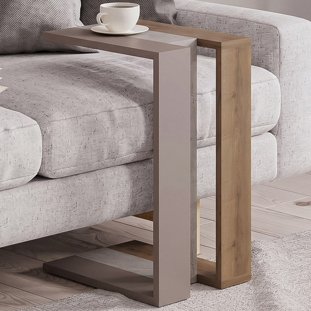 Decortie Muju Mocha Grey Oak and Gold Marble Effect Modern C Shaped Side Table Image 1