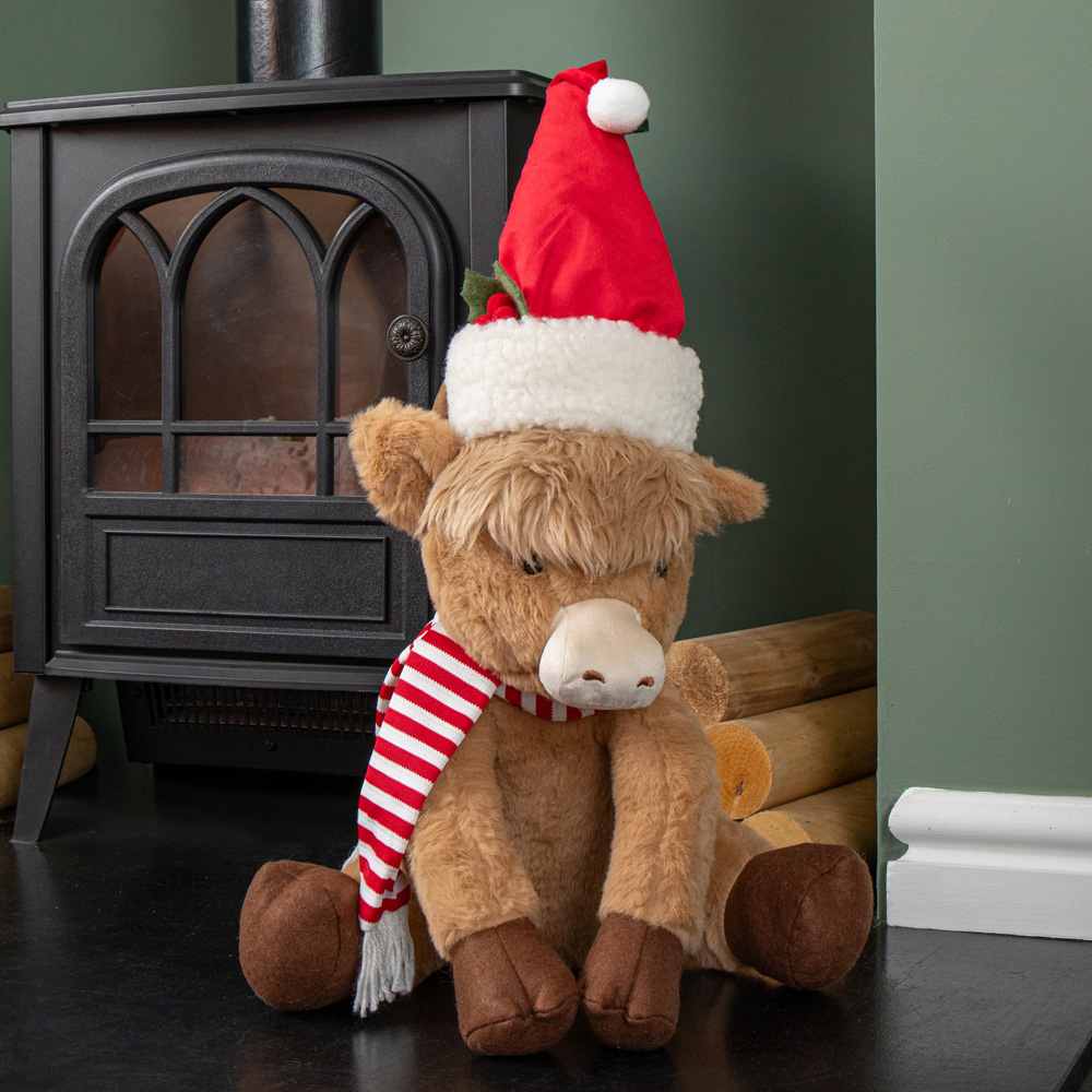 Samuel Alexander Plush Tall Sitting Christmas Highland Boy Cow with Santa Hat 36cm Image 2