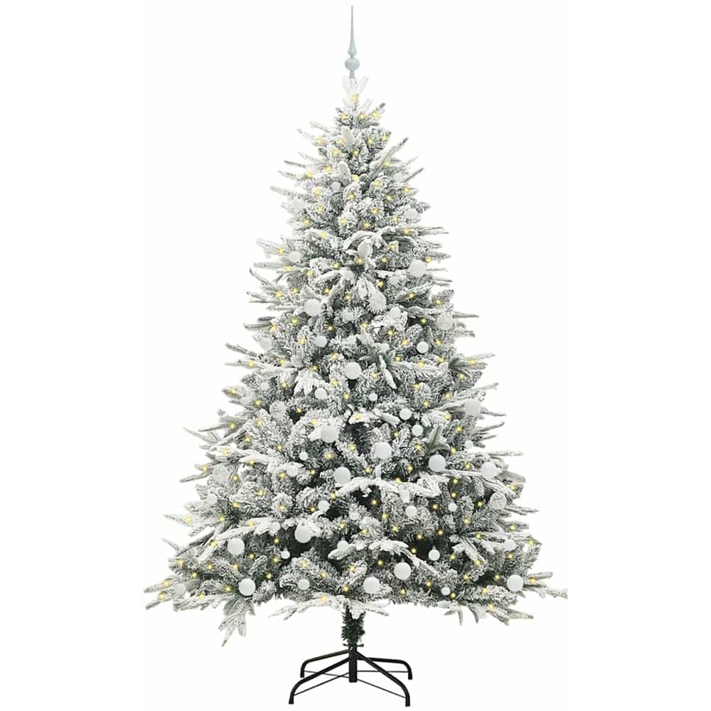 vidaXL 300 LED Pre-Lit White Baubles Green Artificial Snow Flocked Christmas Tree 7ft Image 1