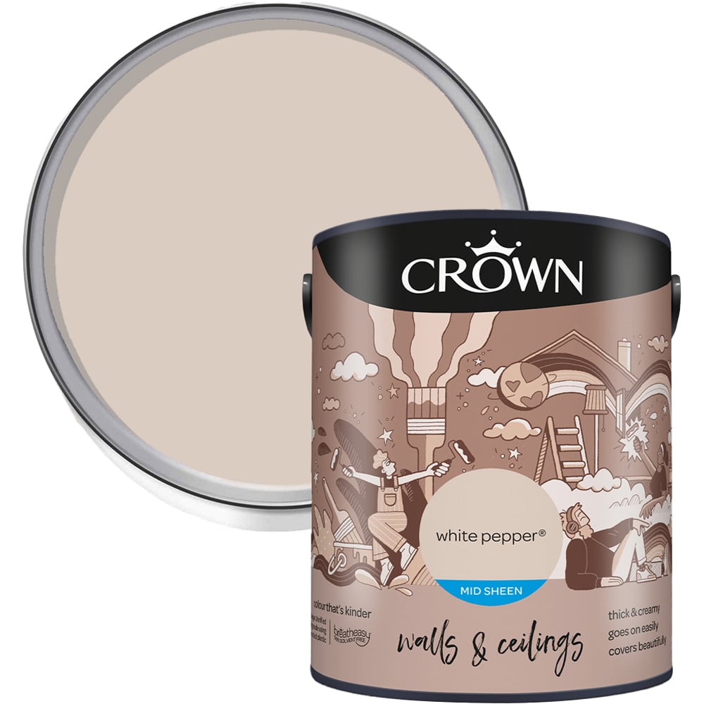 Crown Walls & Ceilings White Pepper Mid Sheen Emulsion Paint 5L Image 1