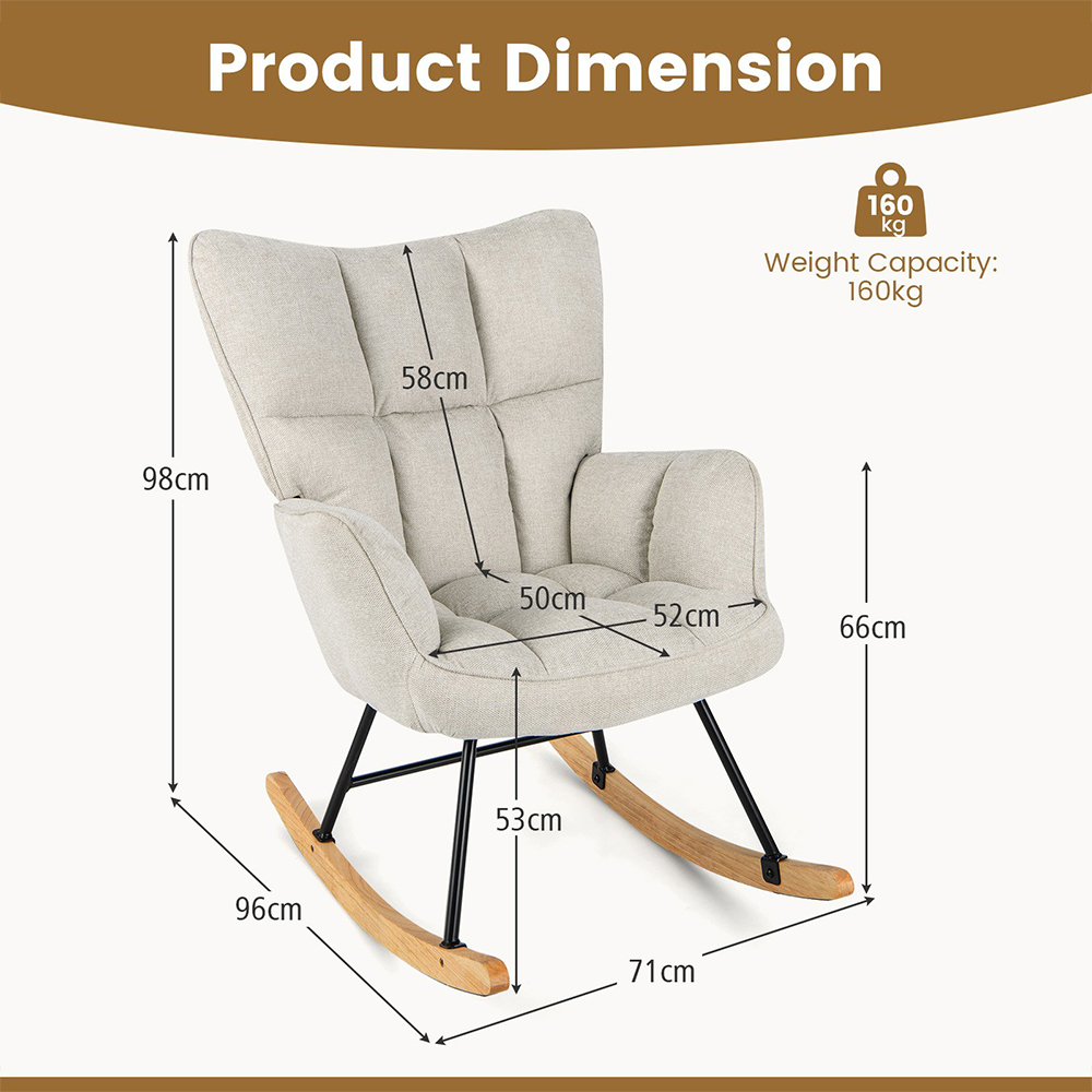 Costway Beige Linen High Backrest Nursery Rocking Chair Image 9