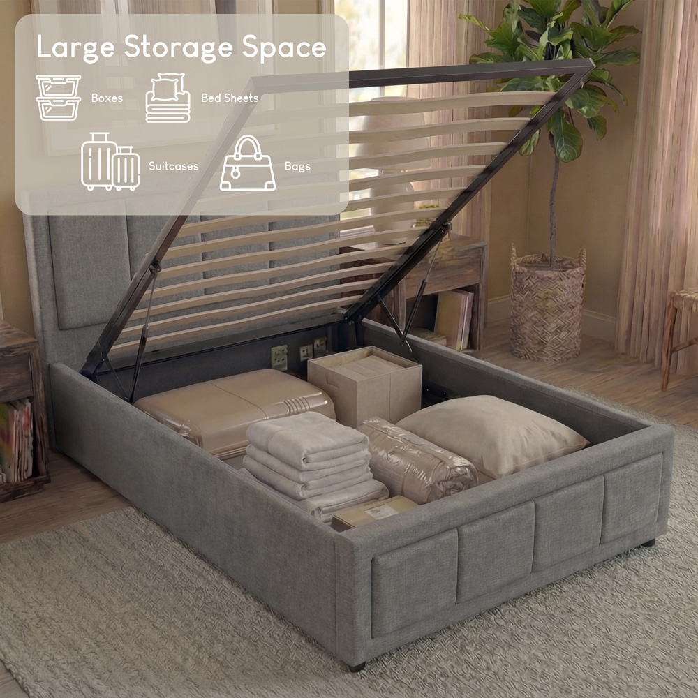 VIDA DESIGNS Vanita Single Light Grey Linen Ottoman Bed with Padded Headboard Image 5