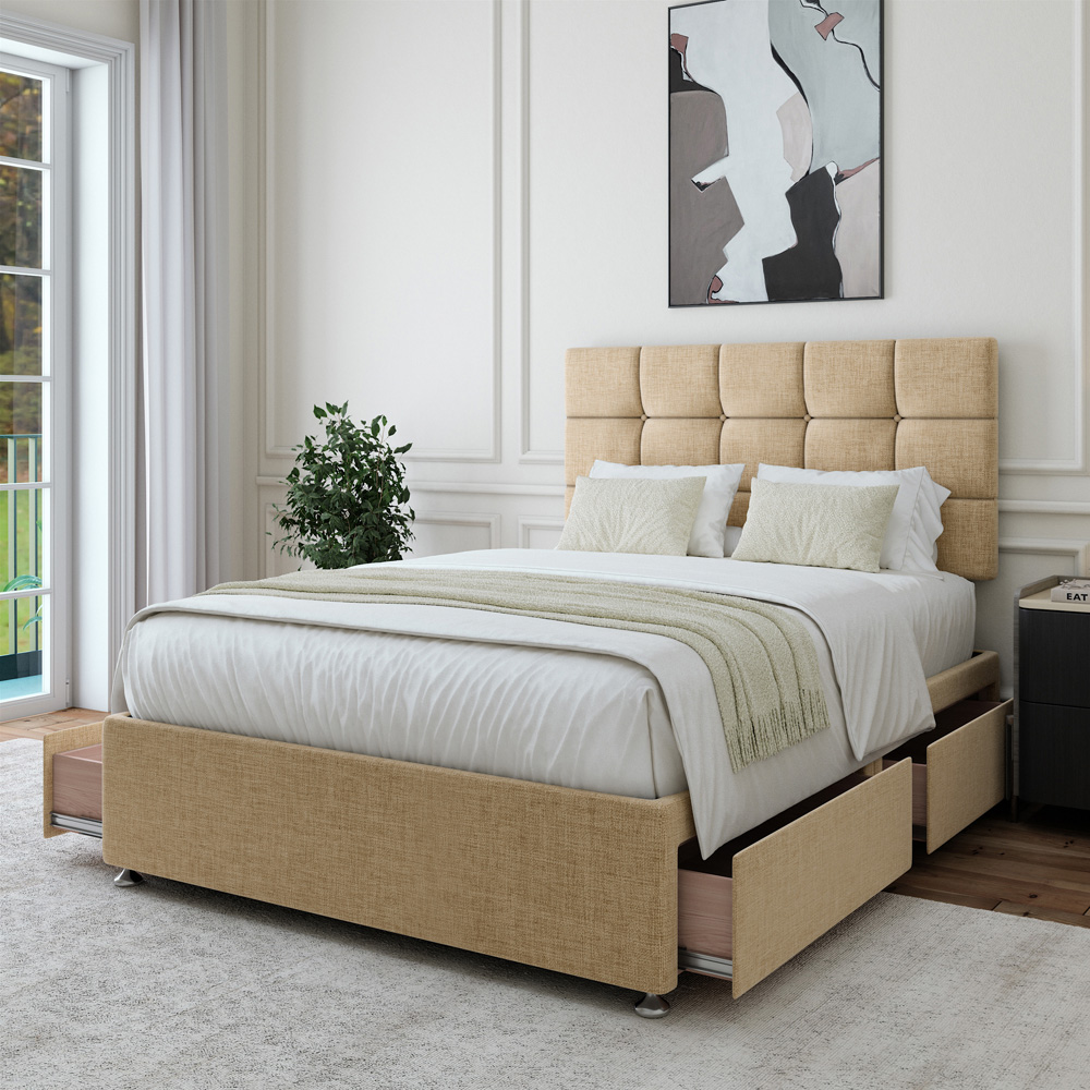 Bedmaster Super King Cream Linen 4 Drawer Divan Base with Pearl Headboard Image 2