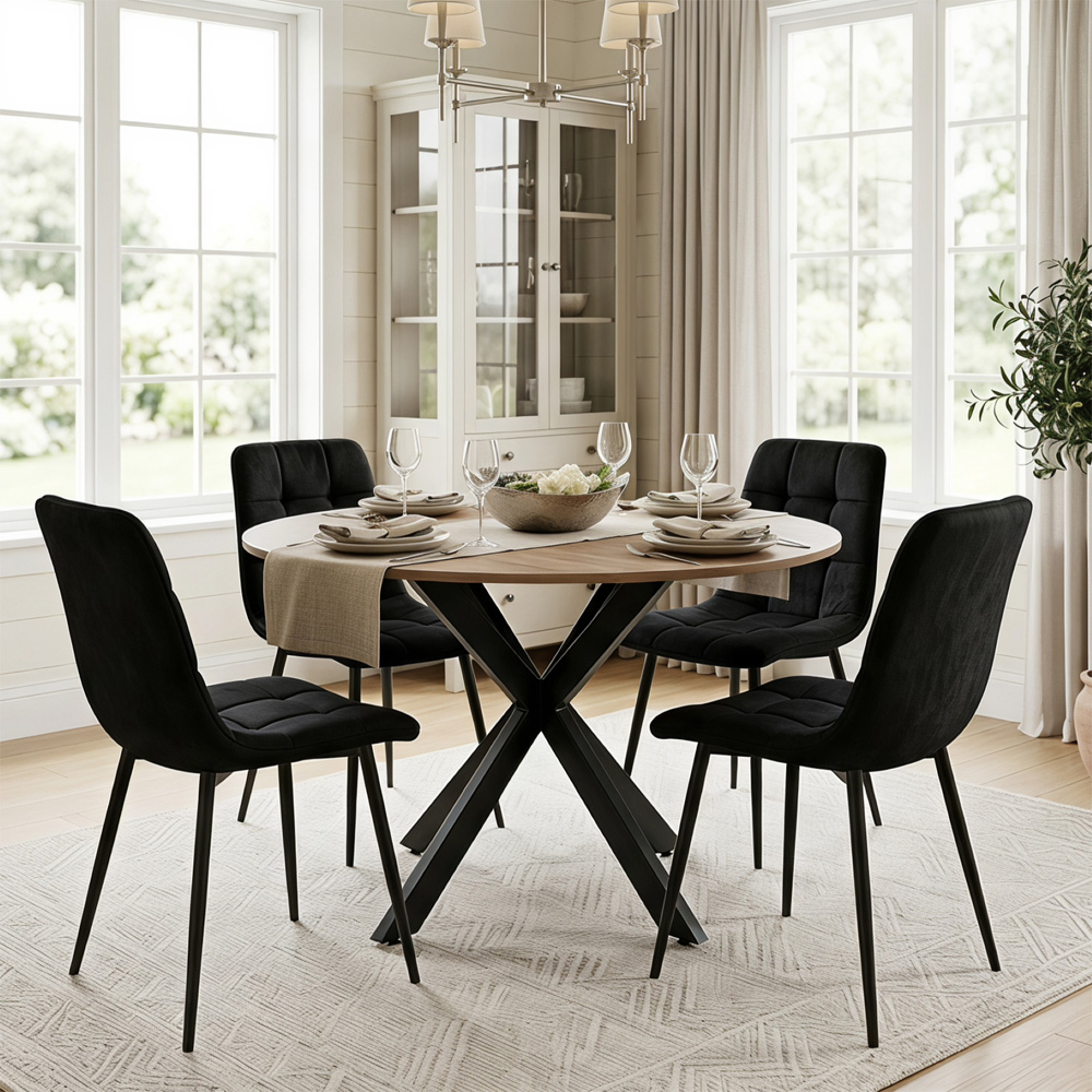 Kosy Koala 4 Seater Wood Effect Velvet Round Dining Set Black Image 1