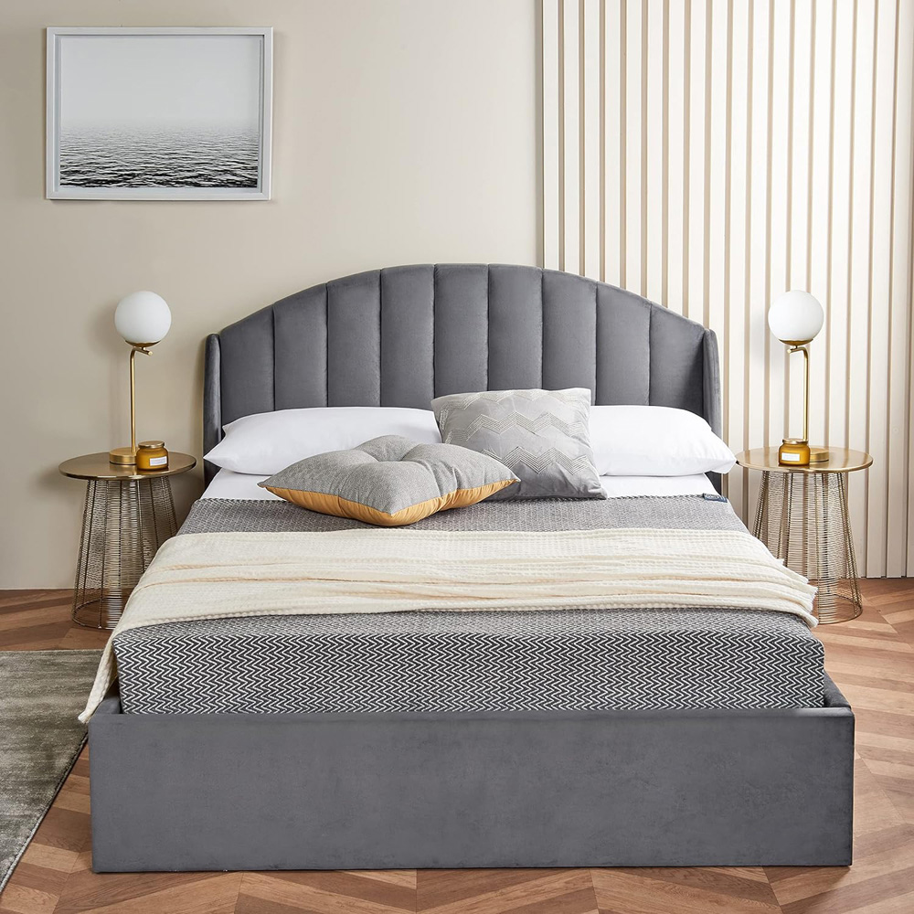 Home Treats Small Double Velvet Winged Headboard Ottoman Storage Bed Frame with Mattress Image 3