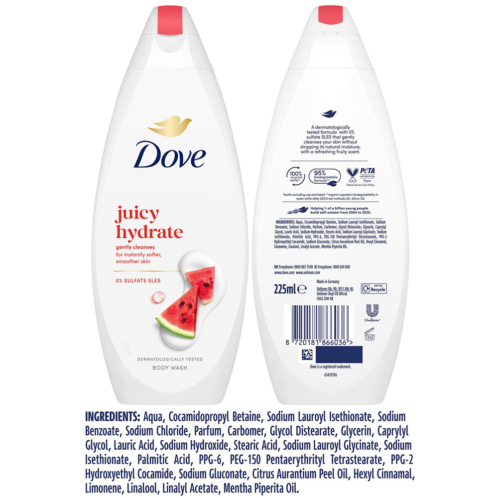 Dove Juicy Hydrate Watermelon Moisturising Gentle Cleansing Body Wash 225ml 6 Pack Image 8