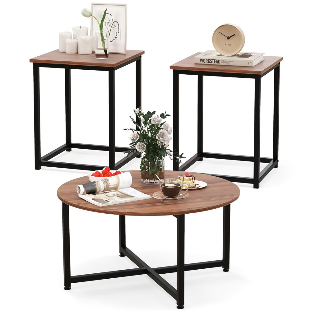 Costway Walnut Metal Coffee Table Set of 3 Image 3