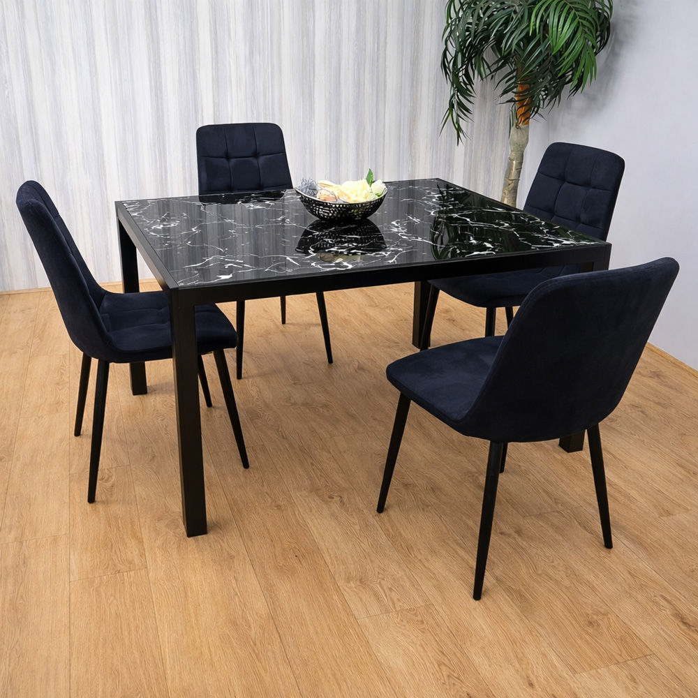 Portland Marble Effect Glass 4 Seater Velvet Dining Set Black Image 1
