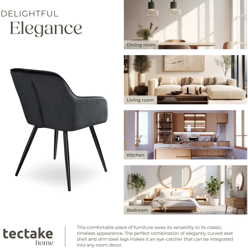 tectake Marilyn Set of 2 Black Velvet Look Padded Dining Chairs Image 7