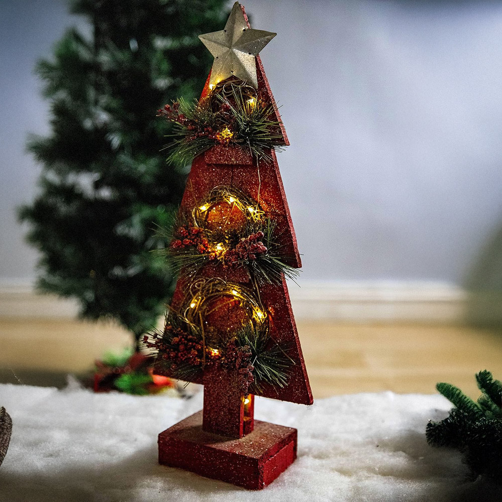 Shatchi Red Wooden Tree LED Christmas Decoration with Berries and Pines Image 2