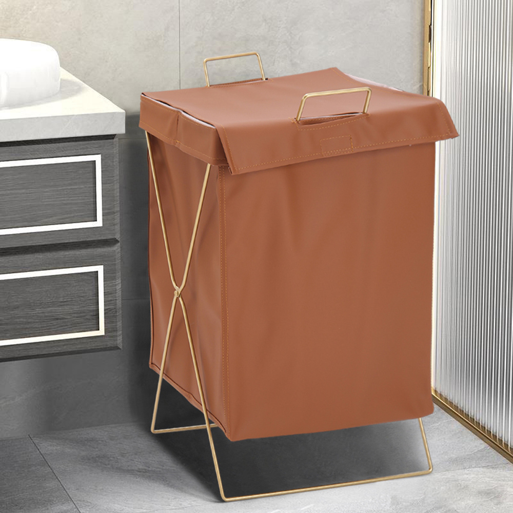 Living and Home Brown Metal Frame PU Leather Collapsible Laundry Basket with Lid Image 7