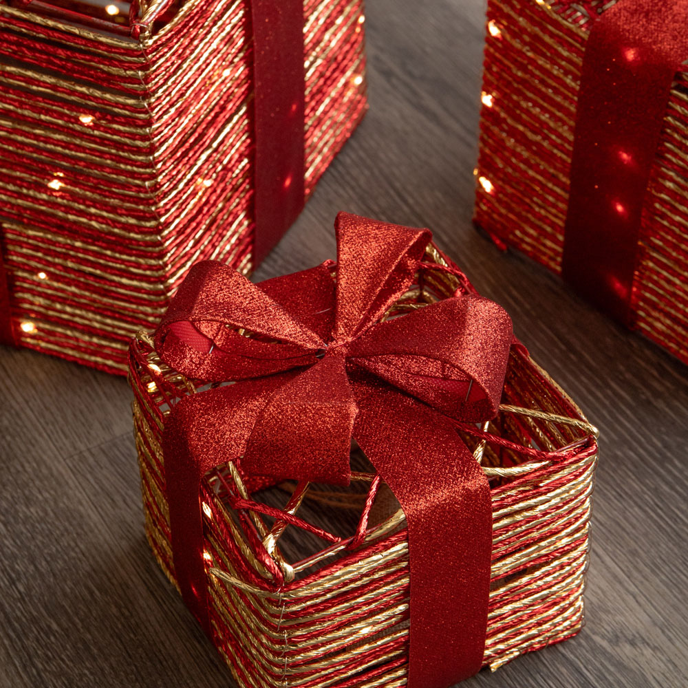 Samuel Alexander Set of 3 Warm White LED Light Up Red and Gold Christmas Box Decoration Image 4