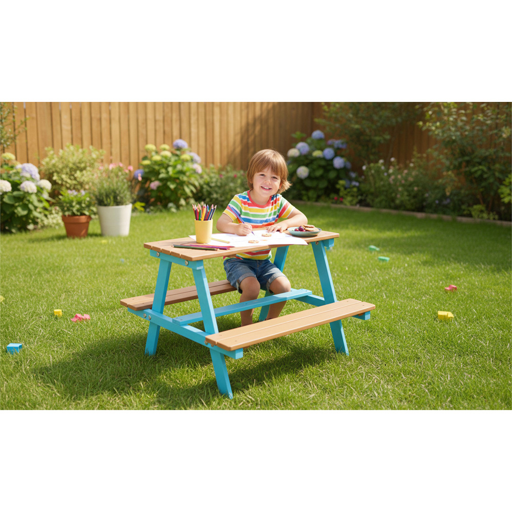 Teamson Home Dakota Aqua and Natural Outdoor Wooden Picnic Table and Umbrella Set Image 6