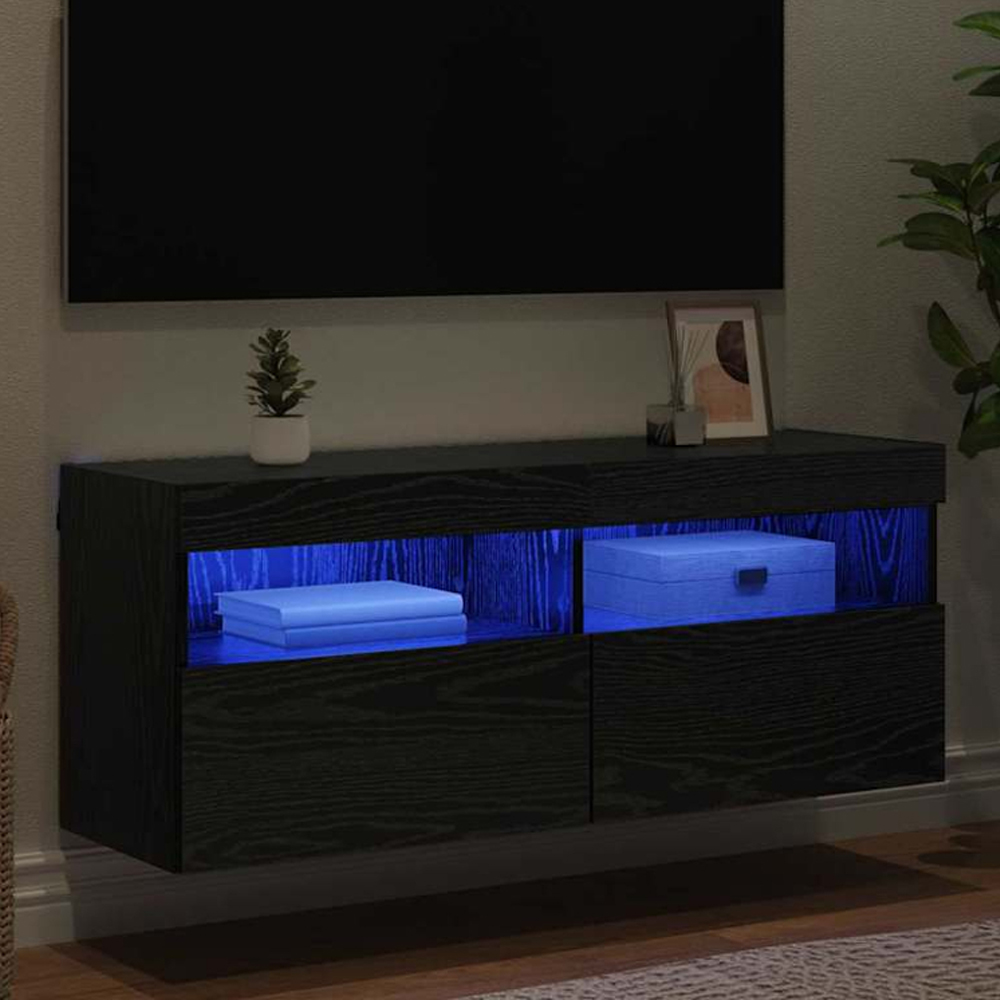 vidaXL 2 Door 2 Shelf Black Oak TV Cabinet with LED Lights Image 1