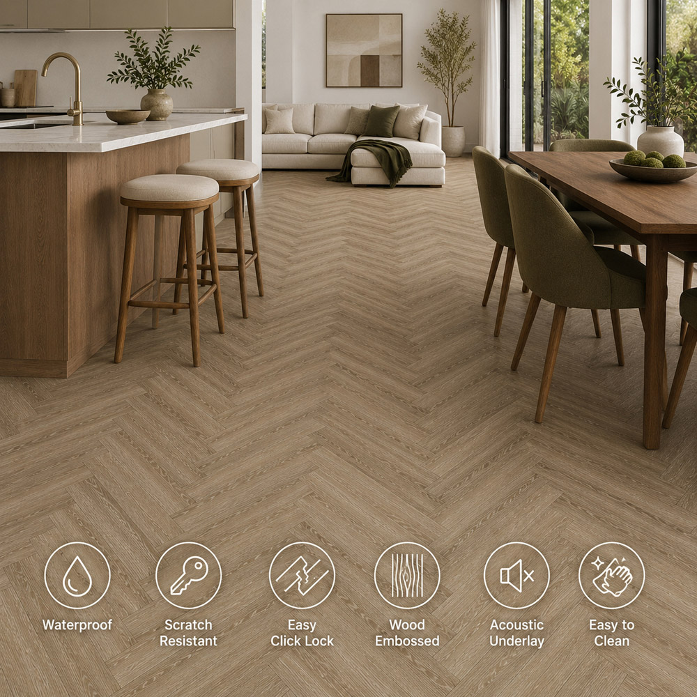 Britwall Natural Oak Herringbone Wood-Embossed SPC Vinyl Flooring 625 x 125mm 20 Pack Image 4