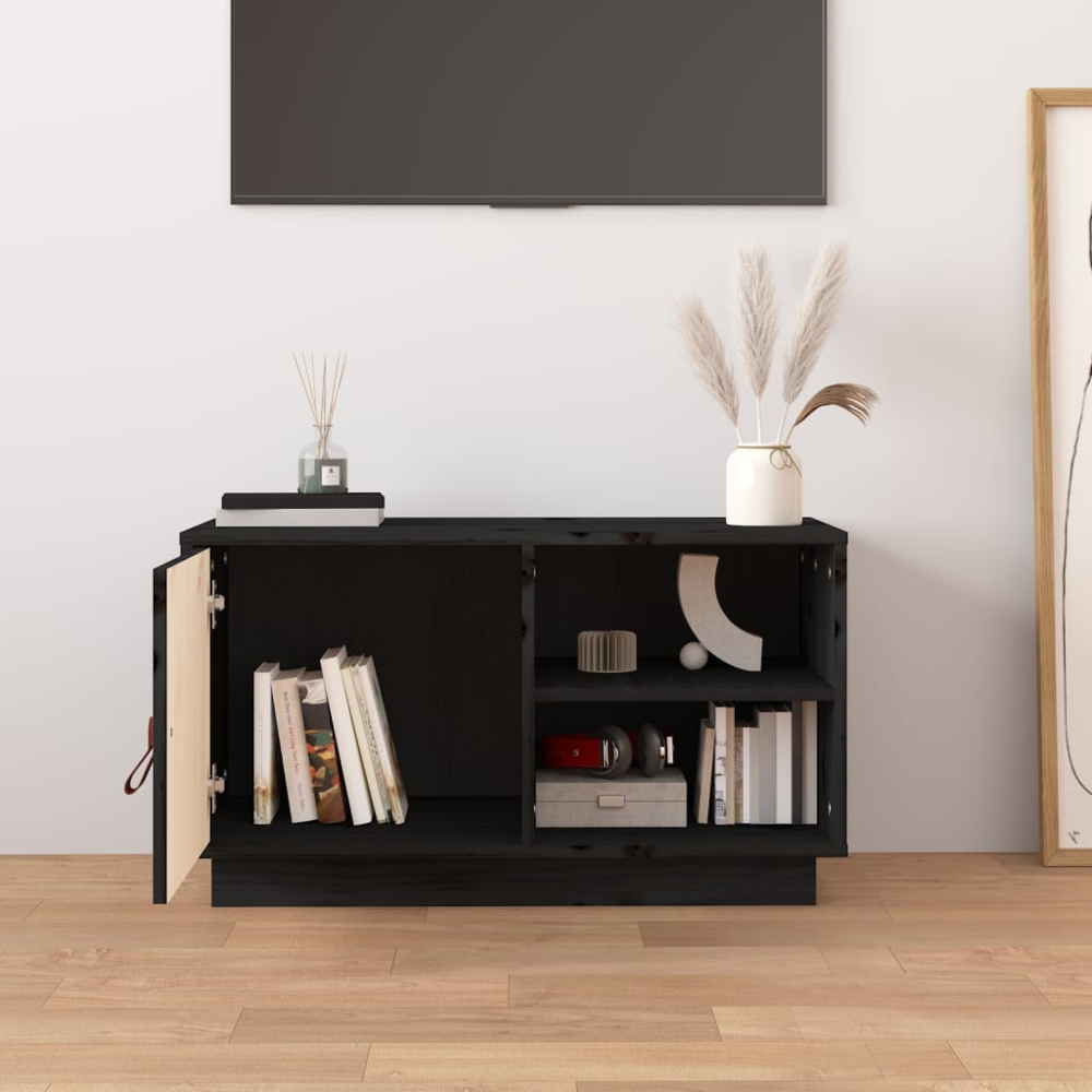 vidaXL Single Door 2 Shelf Black Solid Pine Wood TV Cabinet Image 8