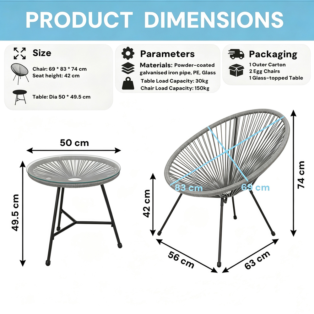 Alivio 2 Seater Grey Acapulco-Style Garden Bistro Set with Glass Top Table Image 6
