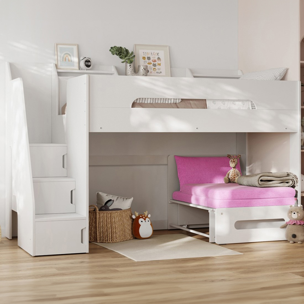 Flair Stepaside White Staircase High Sleeper with Hot Pink Futon Image 1