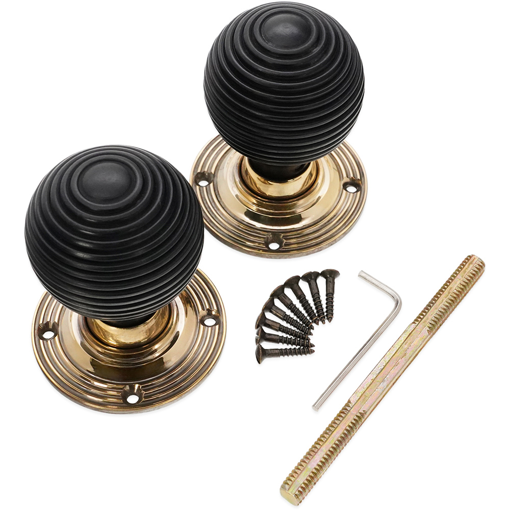 Spira Brass Aged Brass Ebony Beehive Rim and Mortice Door Knob 2 Pack Image 4