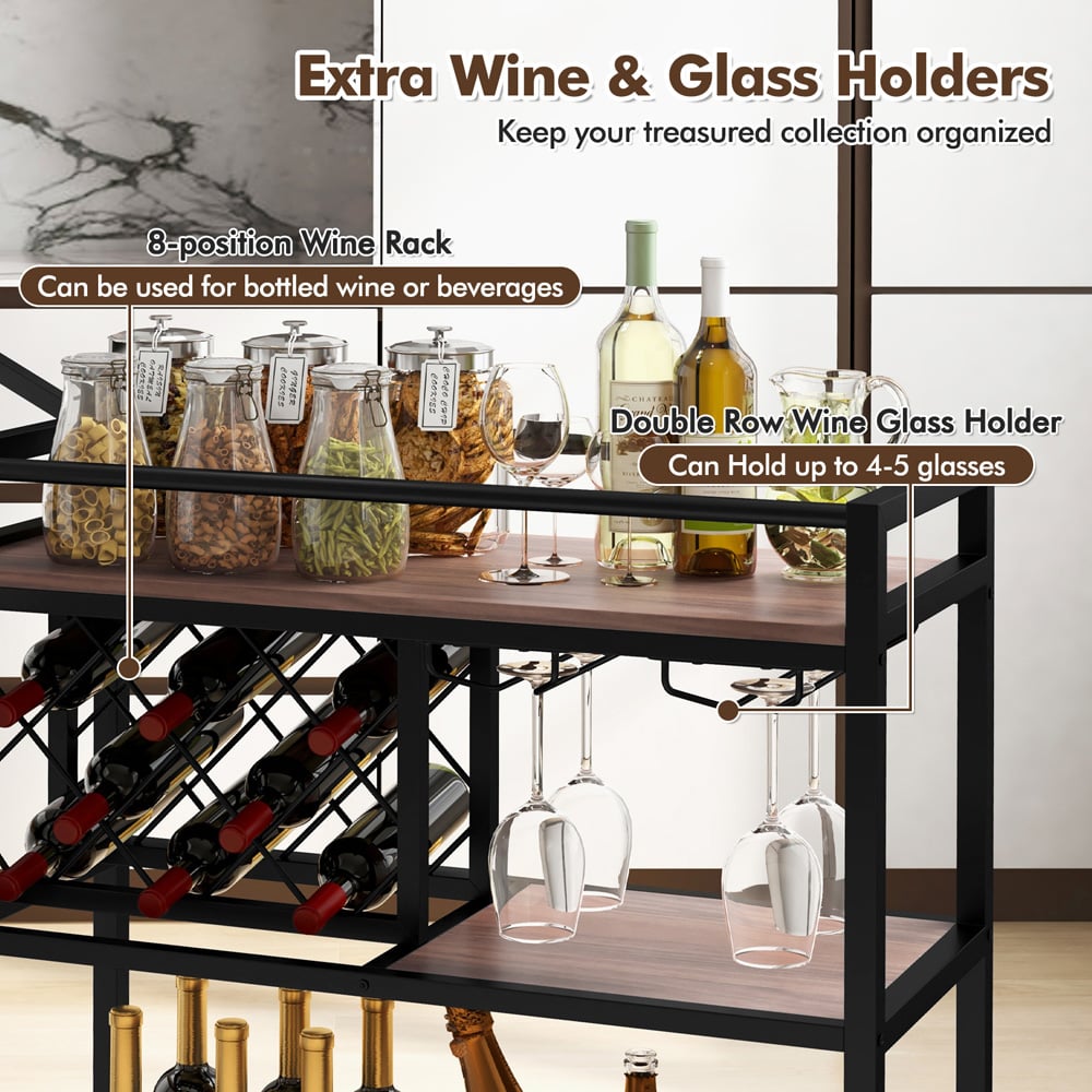 Costway 3 Shelf 8 Bottle Walnut Bar Serving Cart with Wine Racks Image 6
