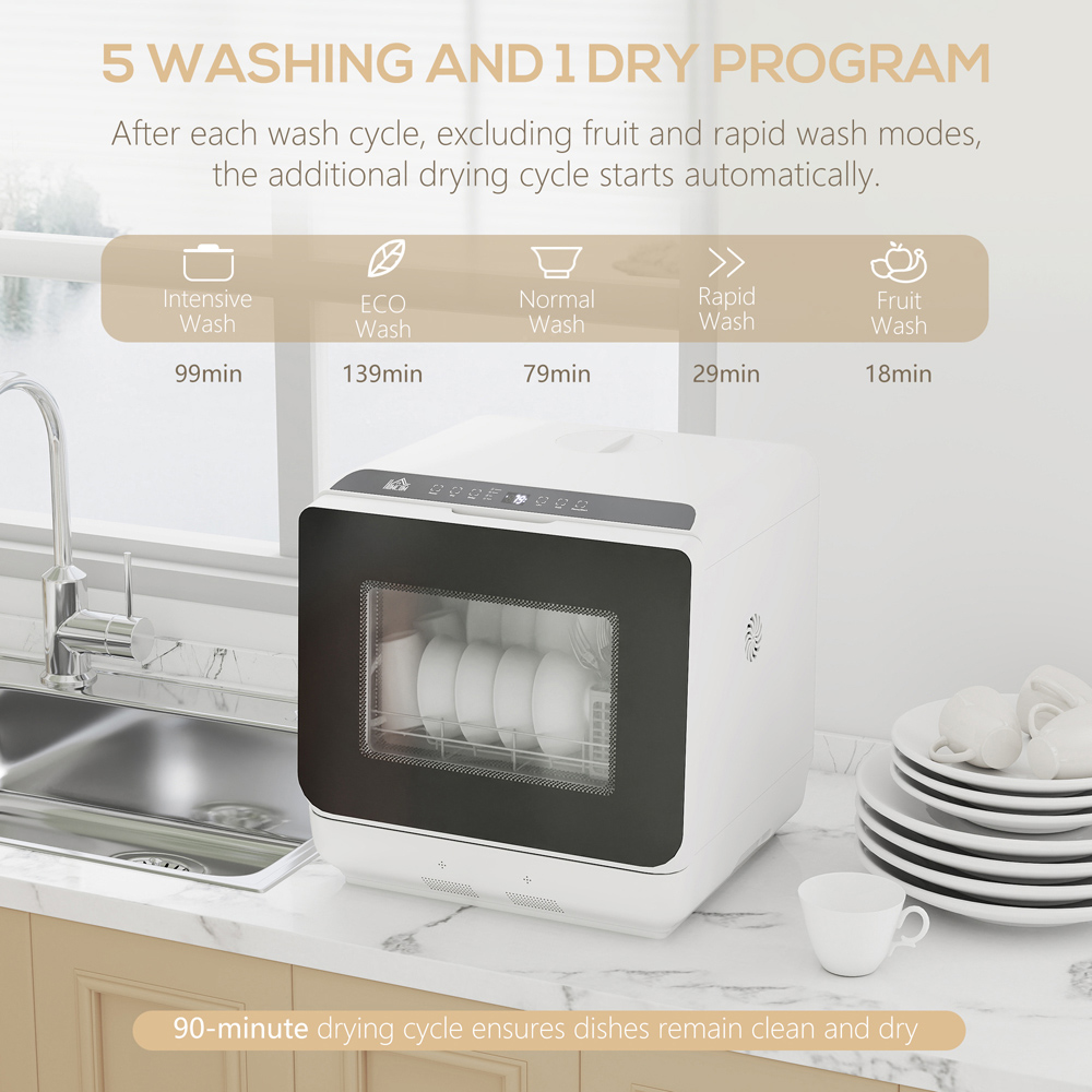HOMCOM White Compact Countertop Dishwasher with Dual Water Supply Image 5