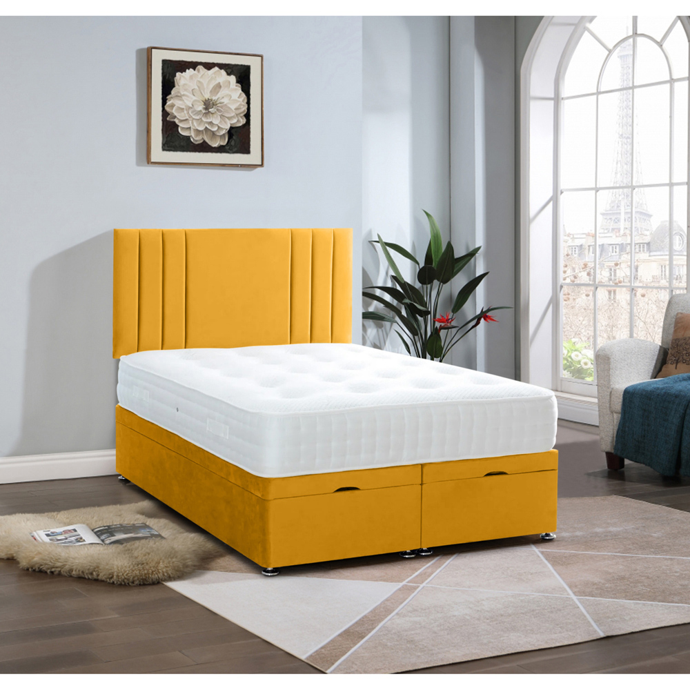 Eleganza Home Slumberlyn Super King Size Mustard Plush Divan Ottoman Bed with Lined Headboard Image 2