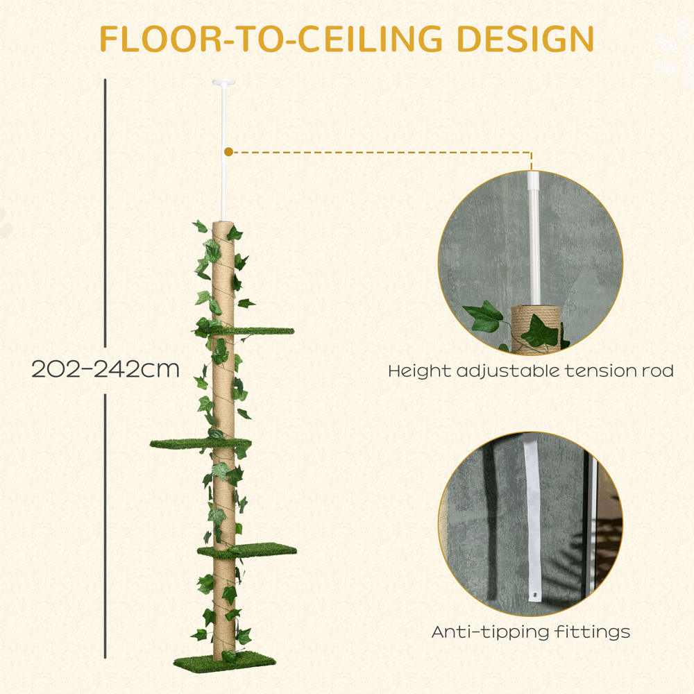 PawHut 242cm Green Adjustable Floor-To-Ceiling Cat Tower Image 5