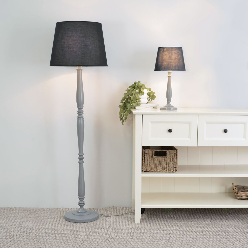 ValueLights Victoria Black Fabric Tapered Shade Grey Wood Traditional Stem LED Floor Lamp Image 4