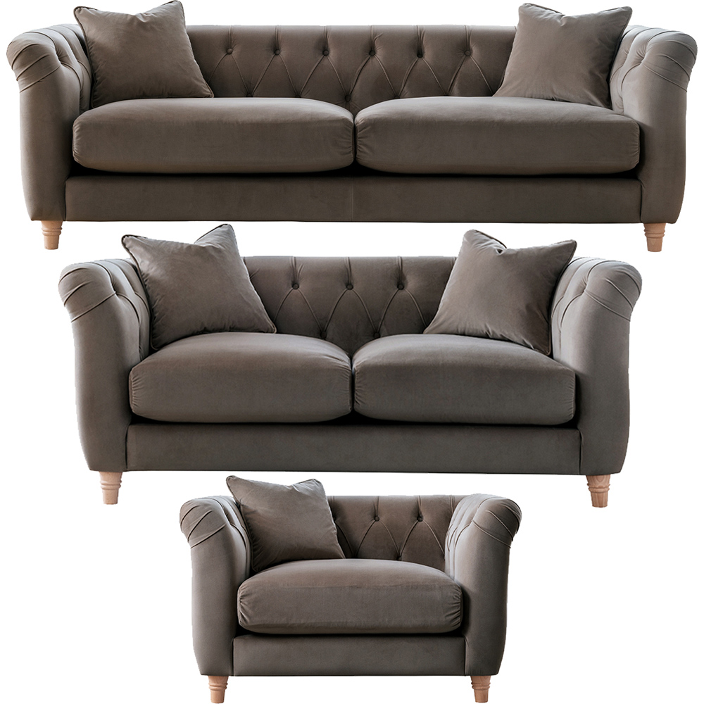 Elsie Chesterfield 6 Seater Mushroom Plush Velvet Sofa Suite Image 2
