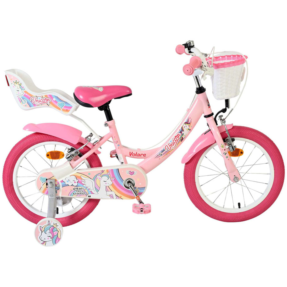 Volare Unicorn Kids 16 inch Pink Bike with Stabilisers Doll Seat and Basket Image 6