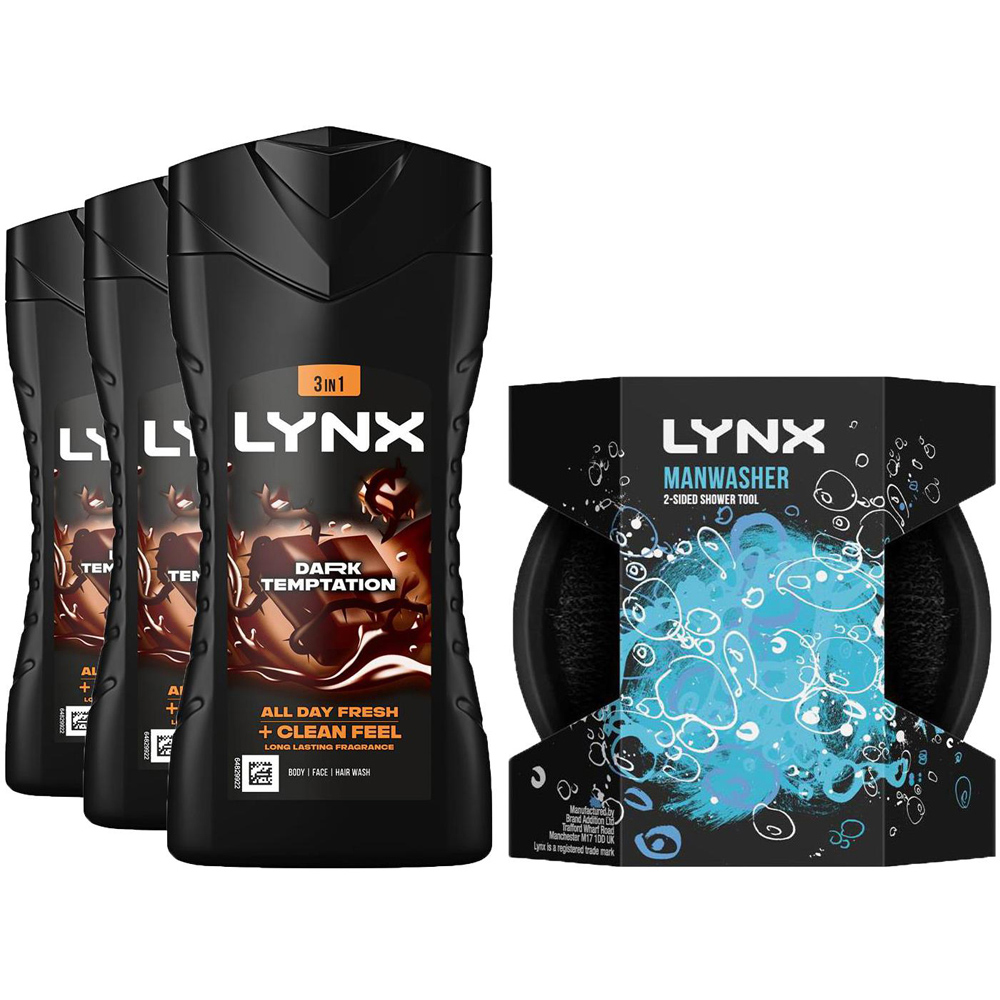 Lynx Dark Temptation Shower Gel with Manwasher 2-Sided Shower Tool 225ml 3 Pack Image 1
